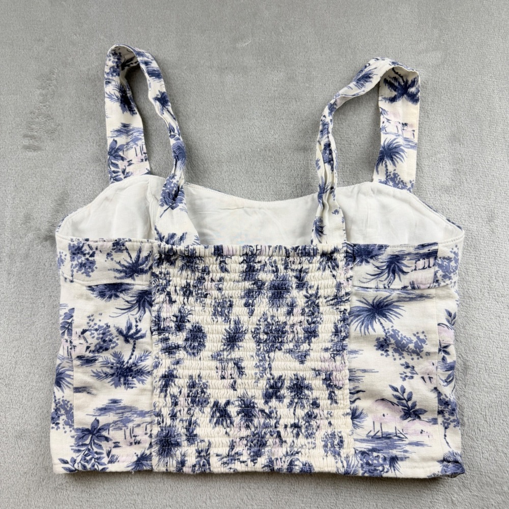 Abercrombie & Fitch Women's M Blue White Tropical Toile Linen Smocked Crop Top - Picture 6 of 9